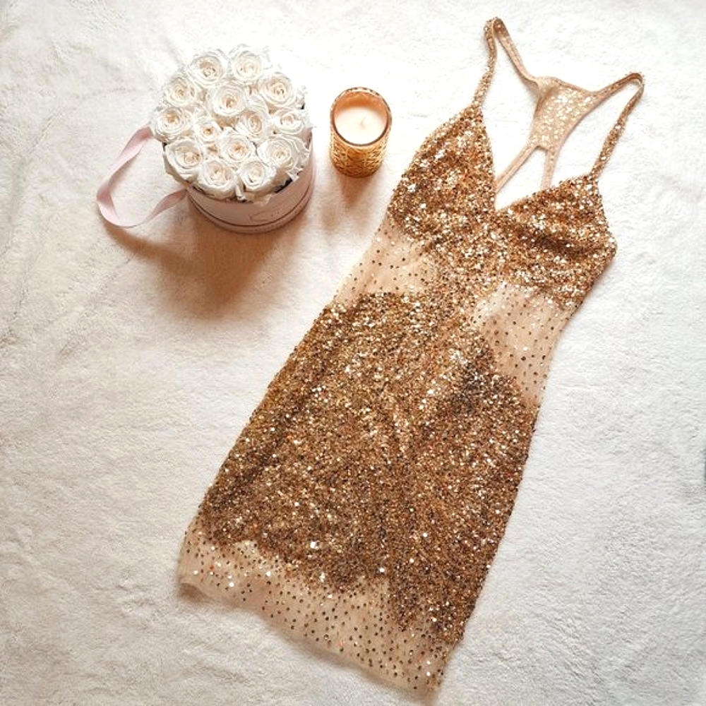 New Basix Black Label Gold Sequin Dress - Size 0